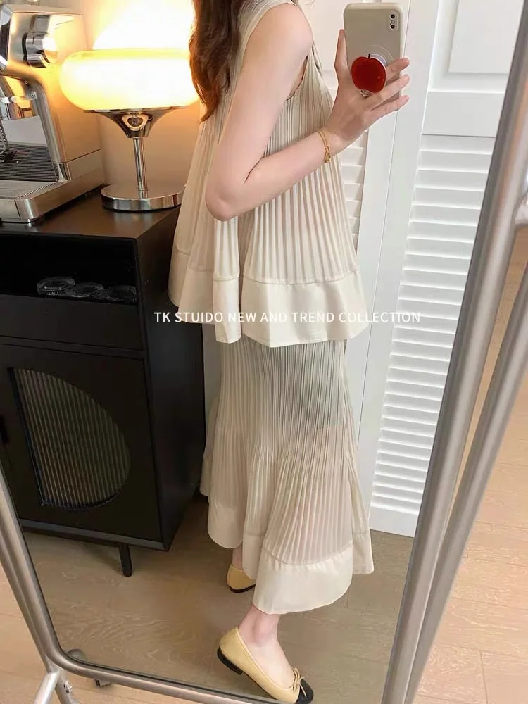 ALSEY Miyake Pleated Women Two Piece Outfit Sleeveless V Neck Tank Top Mermaid Long Skirt Set Elegant Solid Color Casual Office