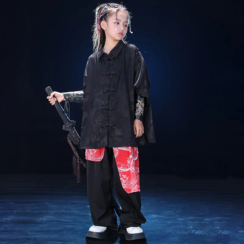 Chinoiserie Boys Street Dance Long Sleeve Printed Shirt +Wide Leg Pants Girls Hip Hop Martial Arts Performance Jazz Streetwear