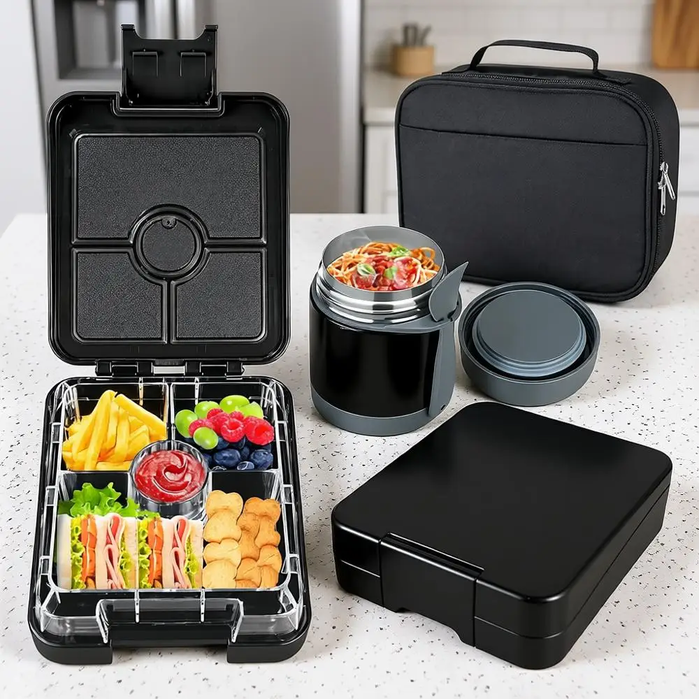 

Набор для обеда в стиле бенто с термосом для супа 10 унций, герметичными контейнерами для еды, 4 отделениями, термосом для горячей еды и изолированной сумкой для обеда.