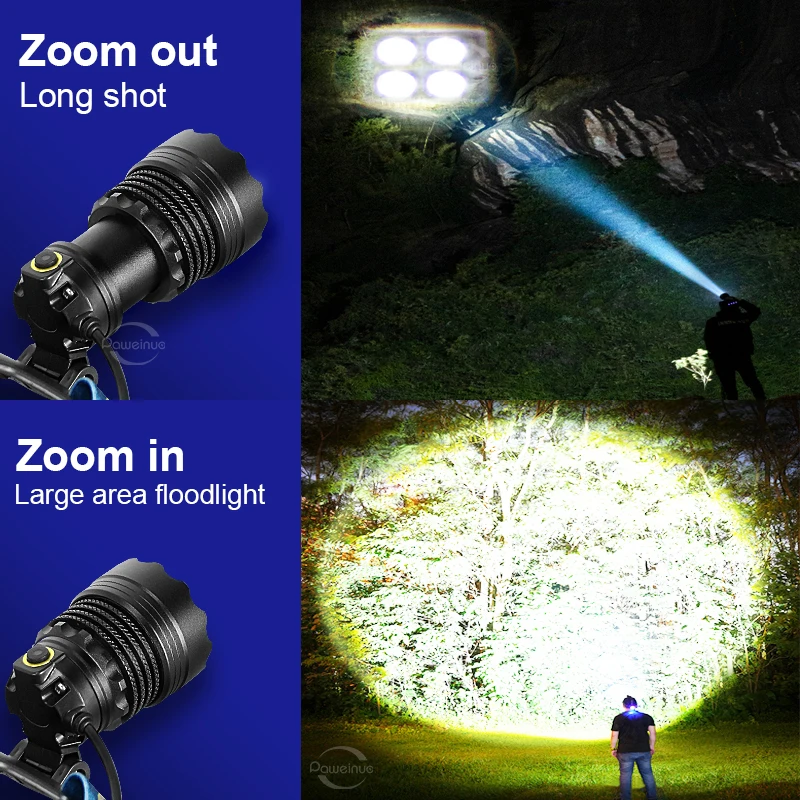 2024 New Portable Super Bright Headlamp 4core 500W LEDs 18650 Rechargeable Head Lamp Waterproof Zoom Camping Fishing Lantern