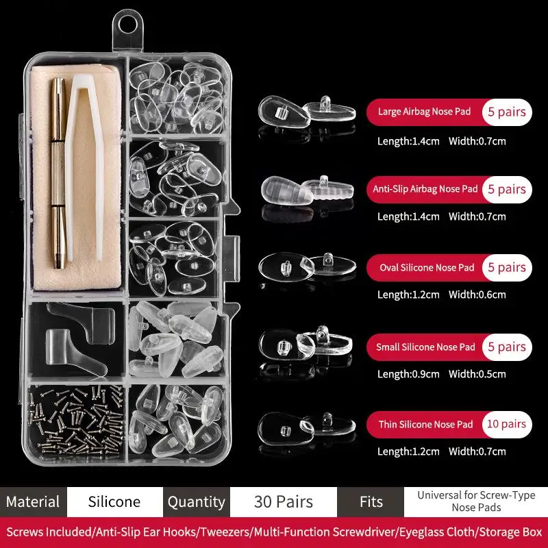 Eyeglasses Nose Pads Air Chamber Silicone Pads 10 Pair Set With Screwdriver For Spectacle Comfort And Repair