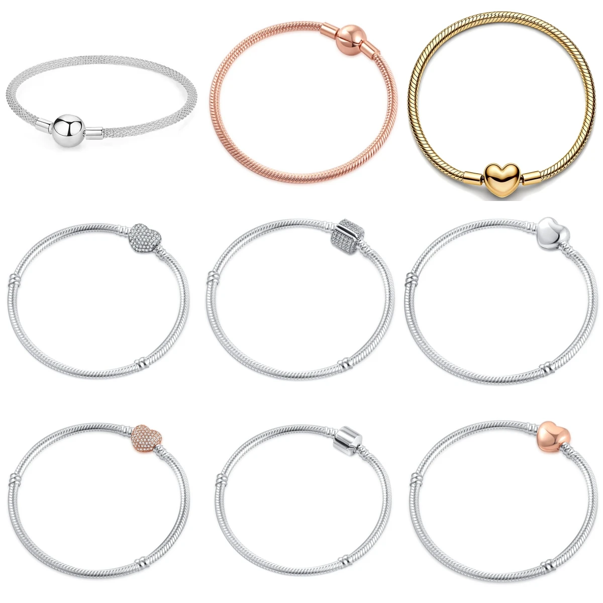 925 Sterling Silver Bracelet Set Snake Chain Rose Gold Gold Tone Heart Clasp Charm Bracelet for Women Gift