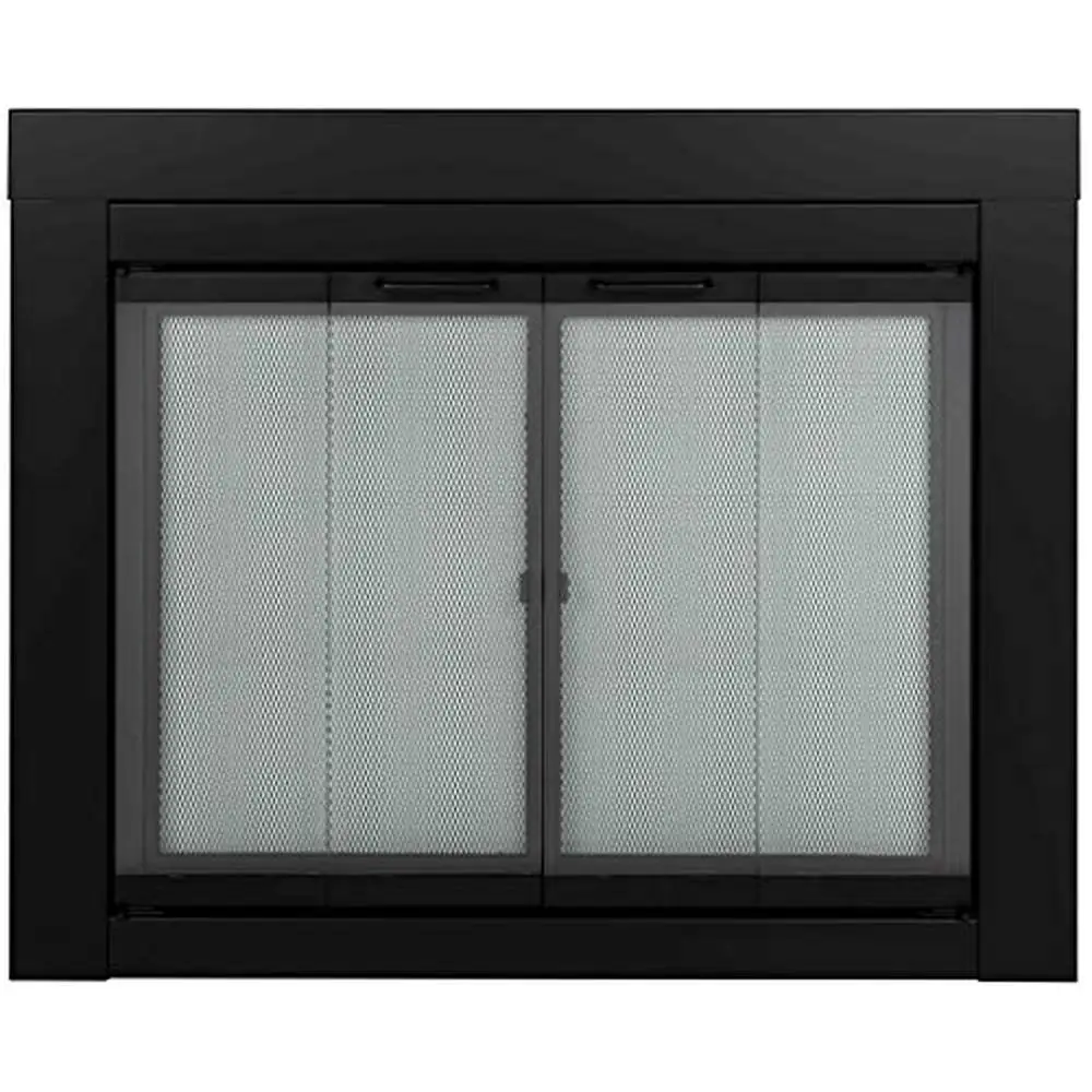 

Fireplace Screen Mesh Panel Bi-Fold Doors Alloy Steel Black Clear Glass 37.5"L x 33"W Medium Size 4in Handles 0.1875" Thickness