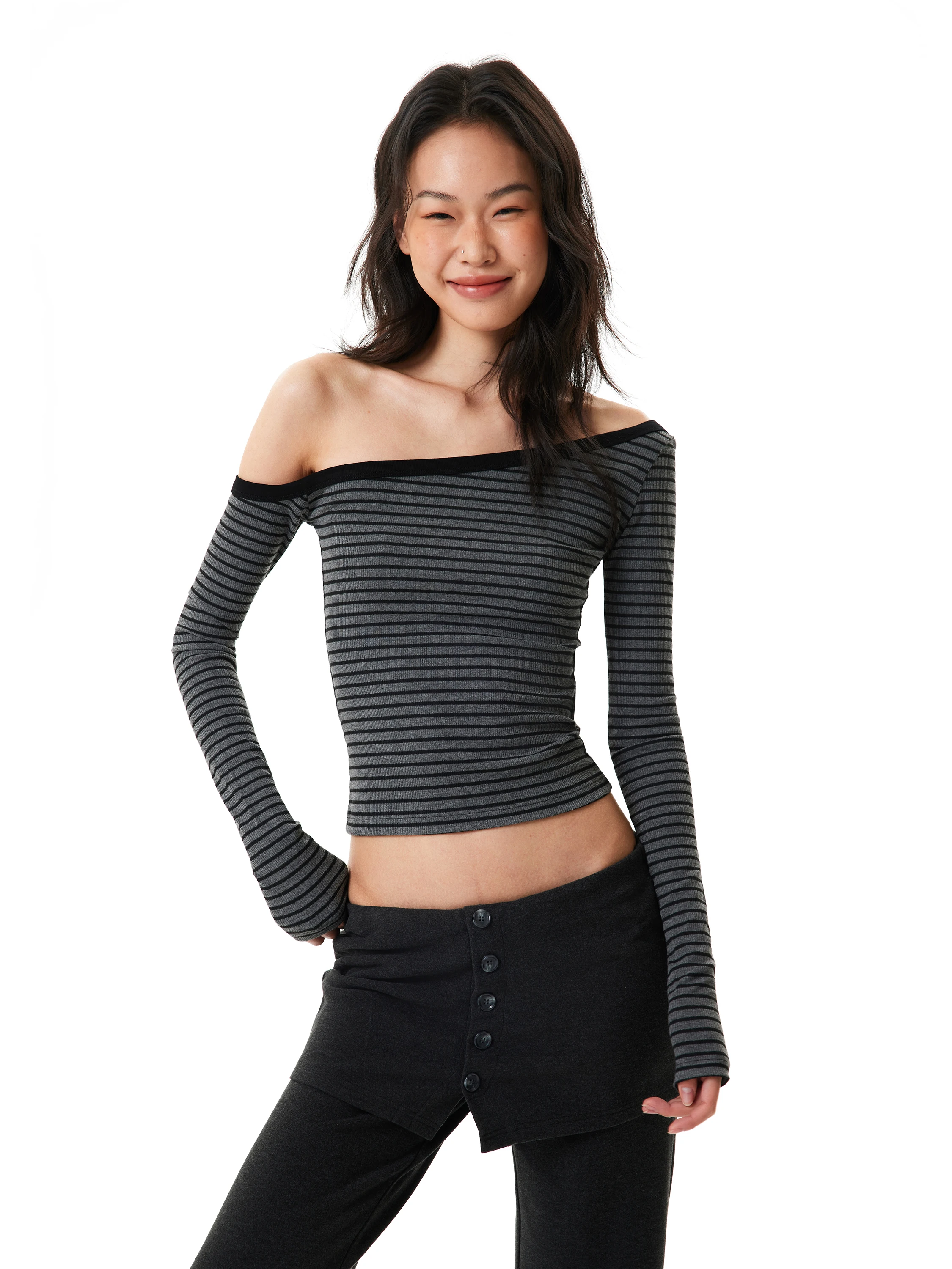 Gogo Burn American Style Long Sleeve Shoulder Bared Slant Collar Slim Fit Women's T-Shirt Casual Style Striped Short Top