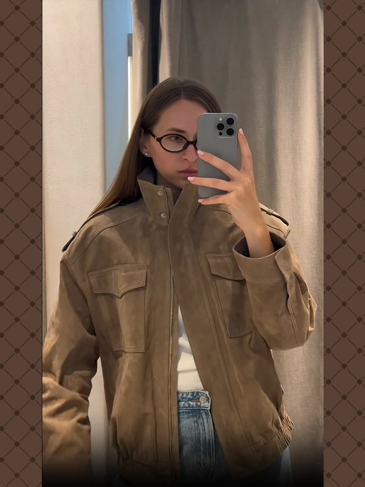 Dámská volná semišová bunda s dlouhým rukávem, kapsy na zip, nadměrná bomber bunda 2025, podzimní a zimní dámská bunda na vysokém podpatku - náhled 5