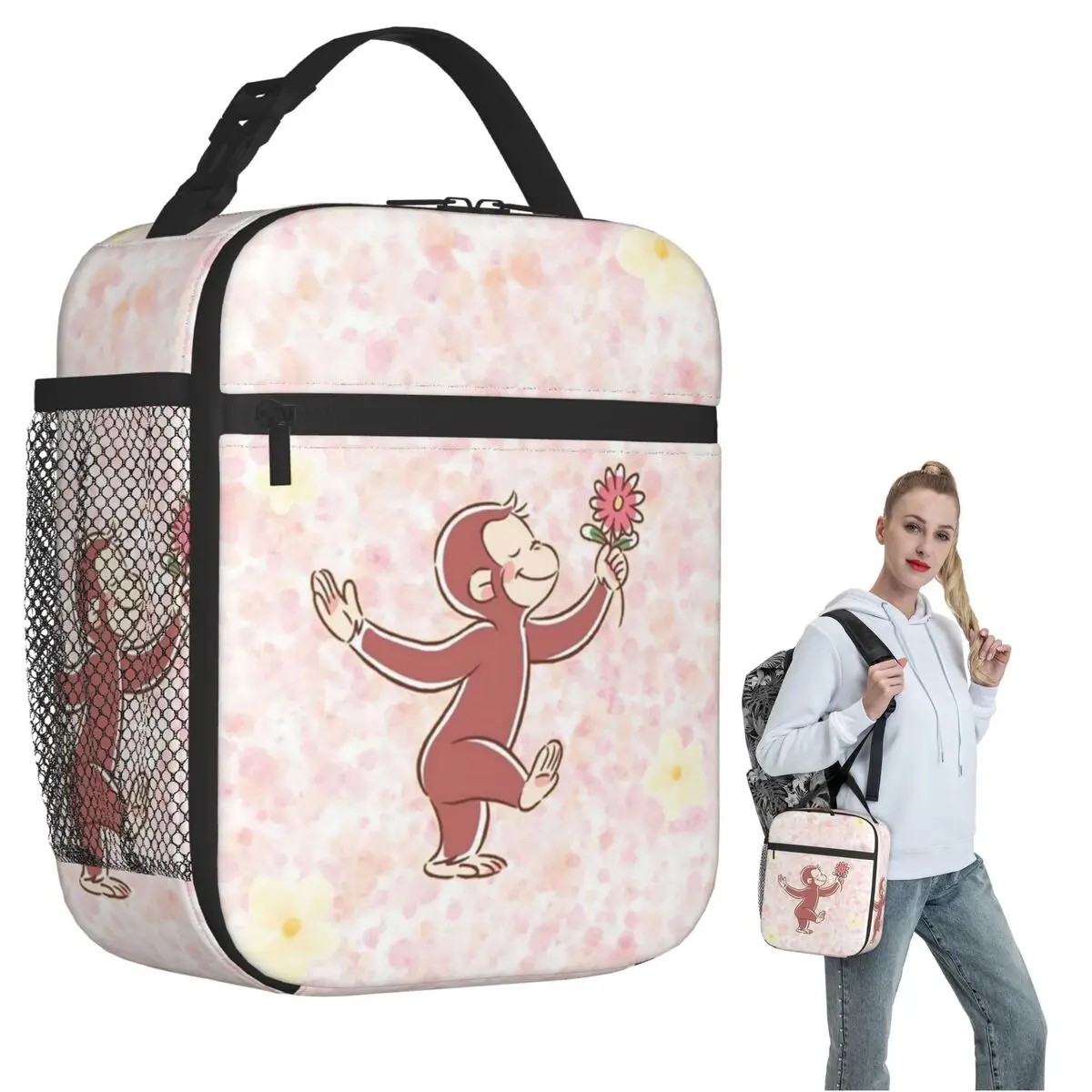 

Изолированная сумка для обеда с цветочным узором и изображением любопытного Джорджа для женщин и детей, портативные коробки для еды, термосумка для обеда