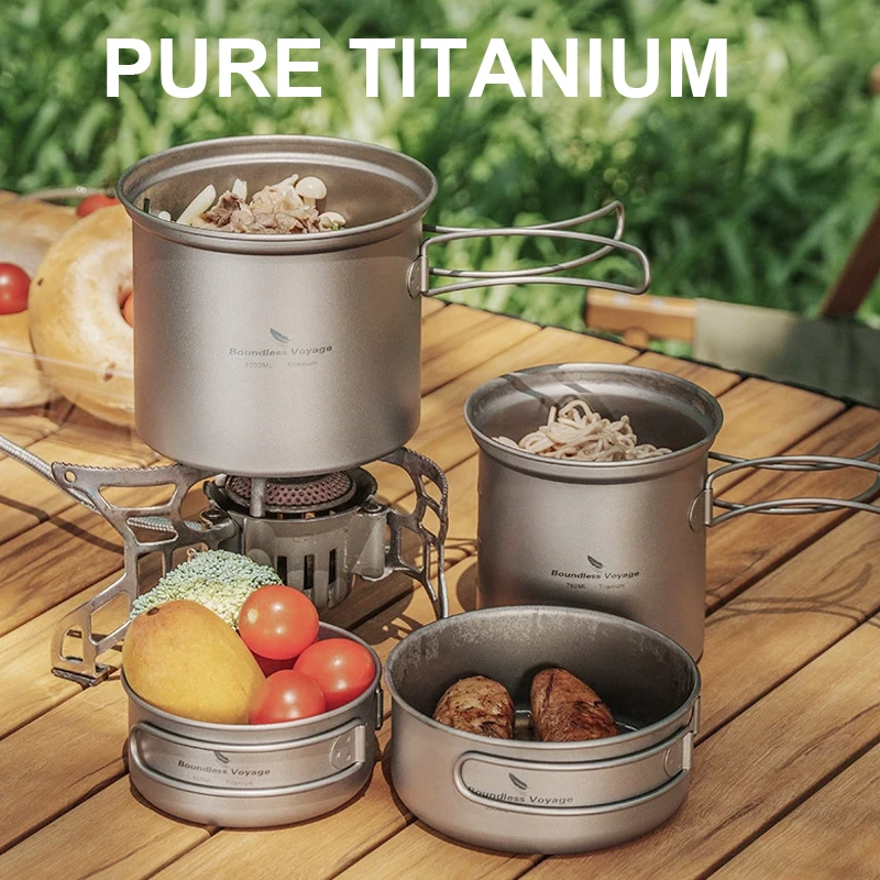 Pure Titanium Folding Boiling Pot+ Frying Pan Set,Ultra Light Portable,Outdoor Camping,Picnicking, Cooking Utensils,Tableware