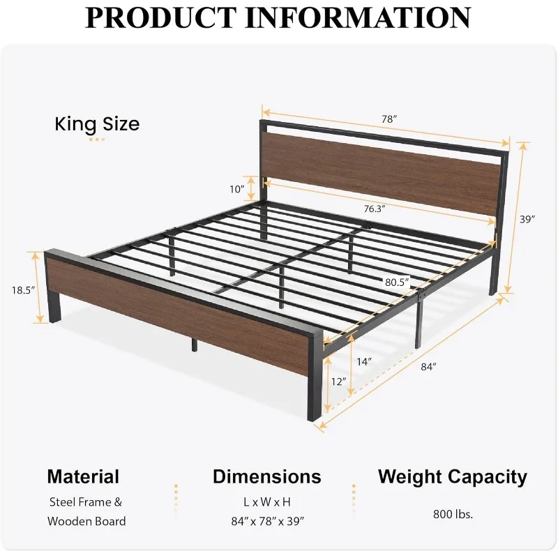 14 Inch Queen Size Metal Platform Bed Frame with Wooden Headboard and Footboard, Mattress Foundation, No Box Spring Needed