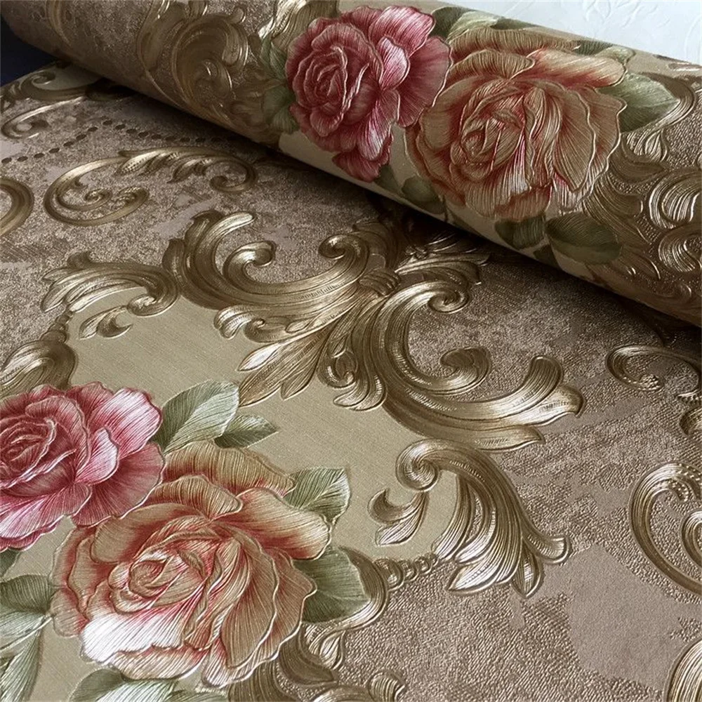 Embossed Damask Wallpaper Luxury Golden European Vintage Rose Floral Wall Mural Paper for Living Room Bedroom Villa Hotel Decor