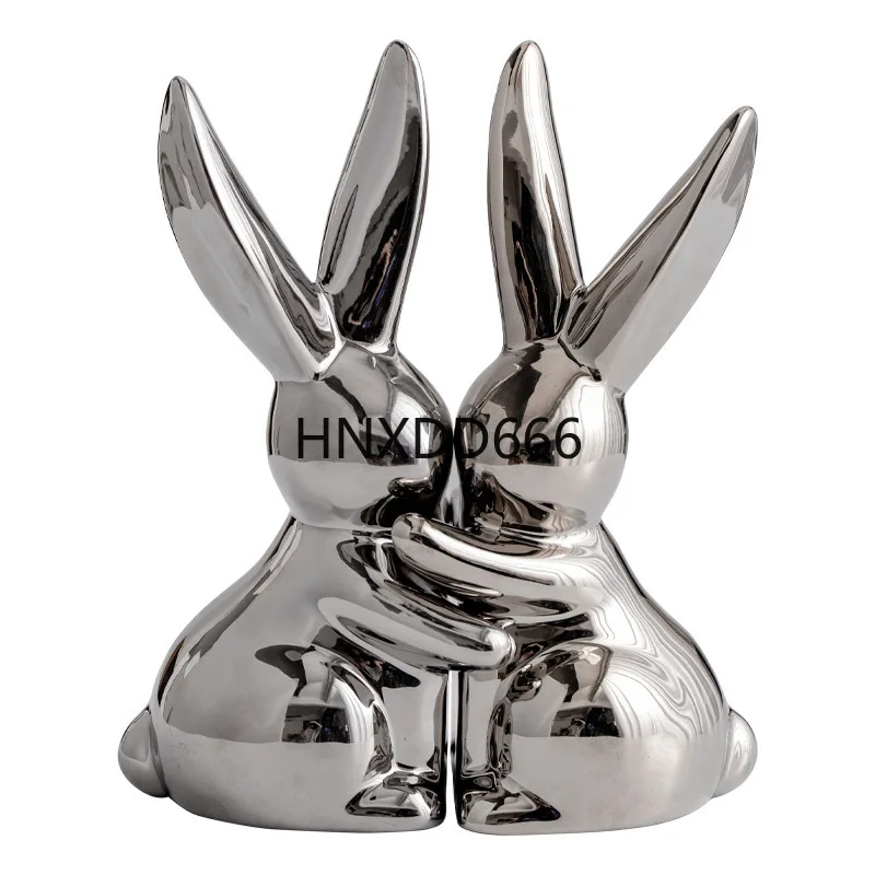 

Ceramic Handicraft Artificial Animal Sculpture Silver Rabbit Cartoon Rabbit Porcelain Ornament Room Decoration Accessories