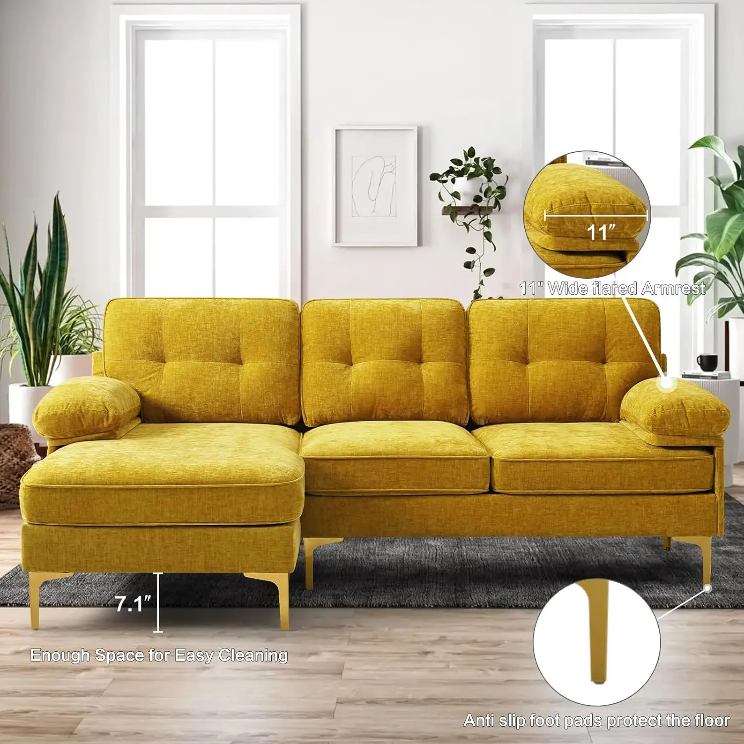 

82" L-Shape Sofa with Reversible Chaise Lounge, Convertible Sectional Sofa Couch, Chenille Modern Couch for Living Room, Yellow