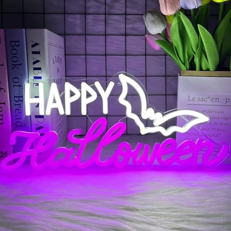 

Happy Halloween Neon Sign Bats Neon Light Sign Spooky Light Up Sign Wall Decor for All Saints' Day House Party Bar Man Cave Gift