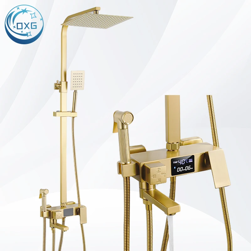 

OXG Wall Mount Brushed Gold Shower Faucet Digital Display Bathroom Shower Mixer Crane Rain Shower Set Shower System 15cm Spout