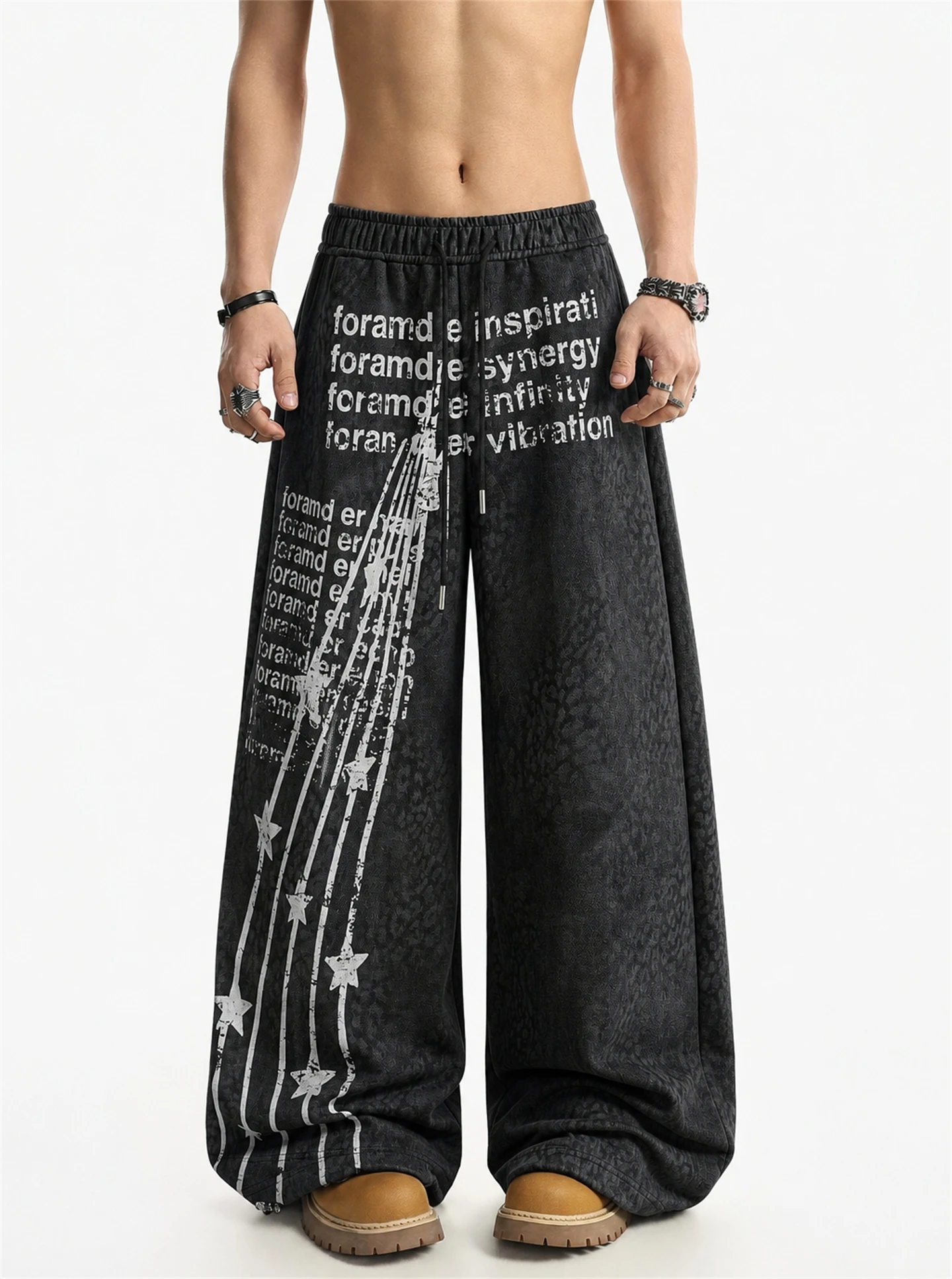 BETEBULE American High Street Leopard Print Letter Print Loose Wide Leg Casual Sweatpants Men's Subculture Loose Fit Straight...