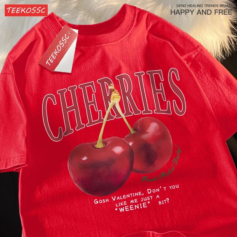 Cherries Fashionable Fruits Men Women Clothes Pattern O-Neck Clothing Pattern Loose Tops Simplicity Crewneck Couple T Shirts