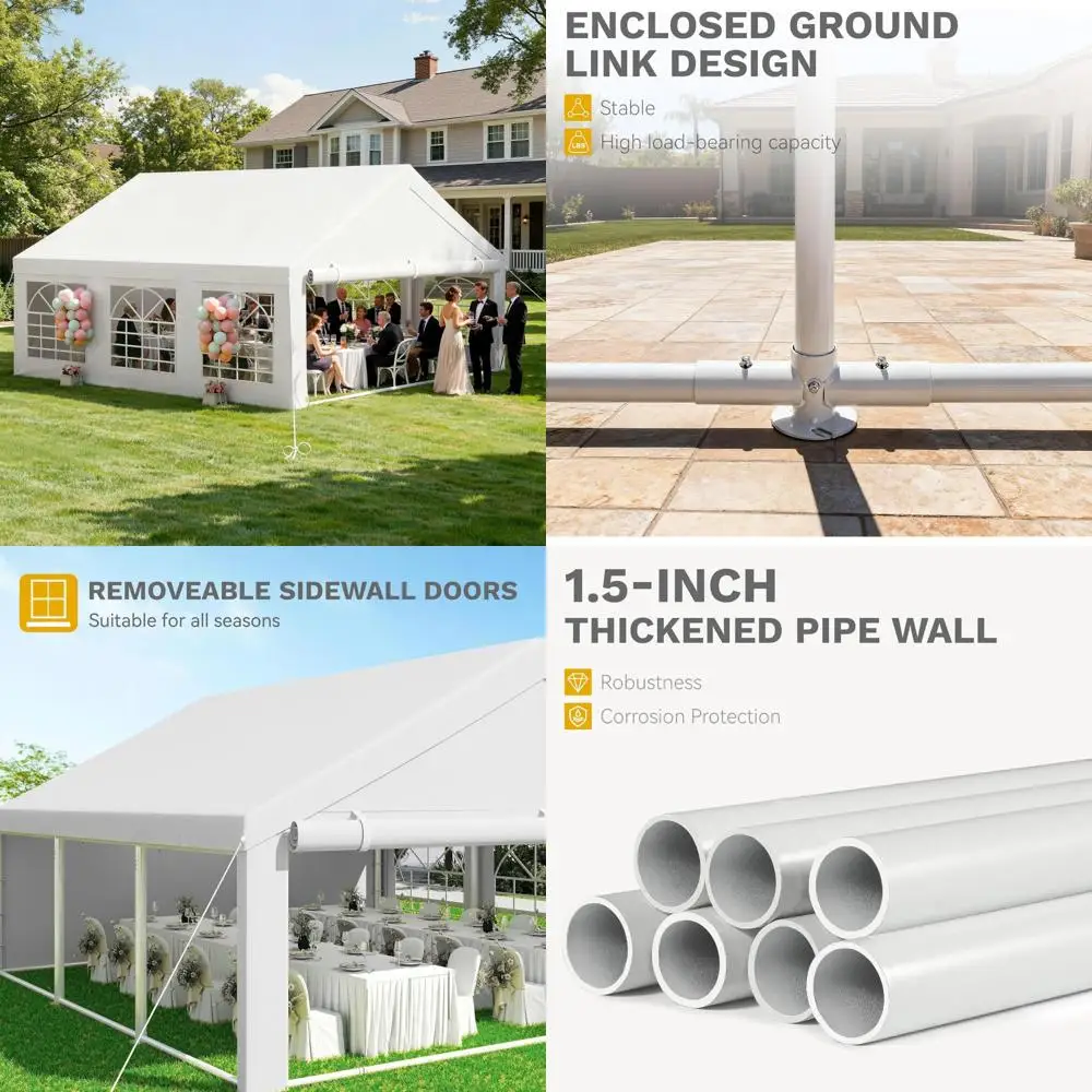 

20x20FT Heavy-Duty White Party Tent with Galvanized Frame, Large Roll-Up Door, and Removable PVC Sides