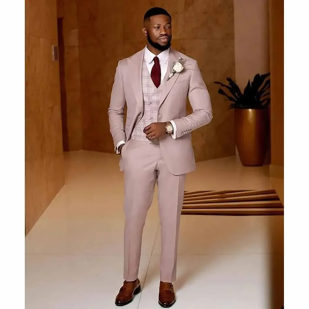 

Elegant Wedding Men Blazer 2024 Pink 3 Piece Jacket Pants Vest Single Breasted Peak Lapel Regular Length Outfits Costume Homme