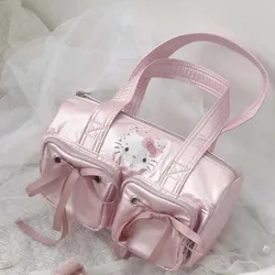 Kawaii Hello Kitty Bow Tote Bag Korean Style Sweet Girl Simple Design Pink Shoulder Bag Portable Commuter Large Capacity Handbag