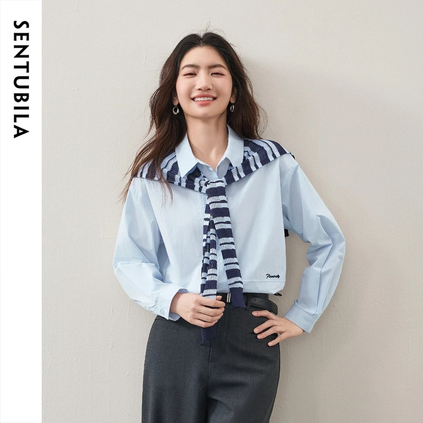 SENTUBILA Women's Pure Cotton Shirt Autumn Letter‑Embroidery Detachable Striped‑Shawl Blouse 2026 Casual Office Top W63CA8085