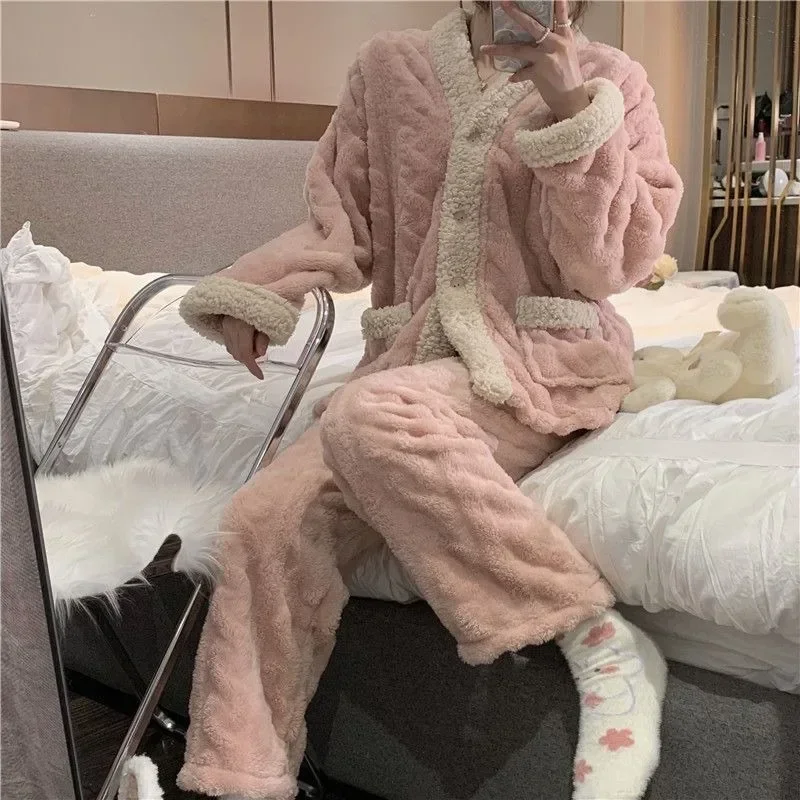 2023 New Flannel Pajamas Women Autumn Winter Homewear Plus Thicken  Coral Velvet Warm Household Clothing Suit V-neck Loungewear