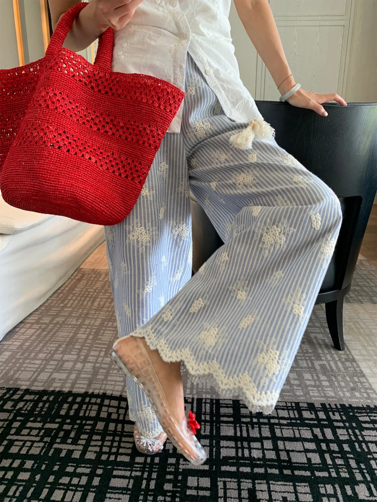 

Loose Women's Summer Pants Bf Lazy Style 2026 New Design Wide Leg Pants Embroidered Stripes High Waist Elastic Waistband
