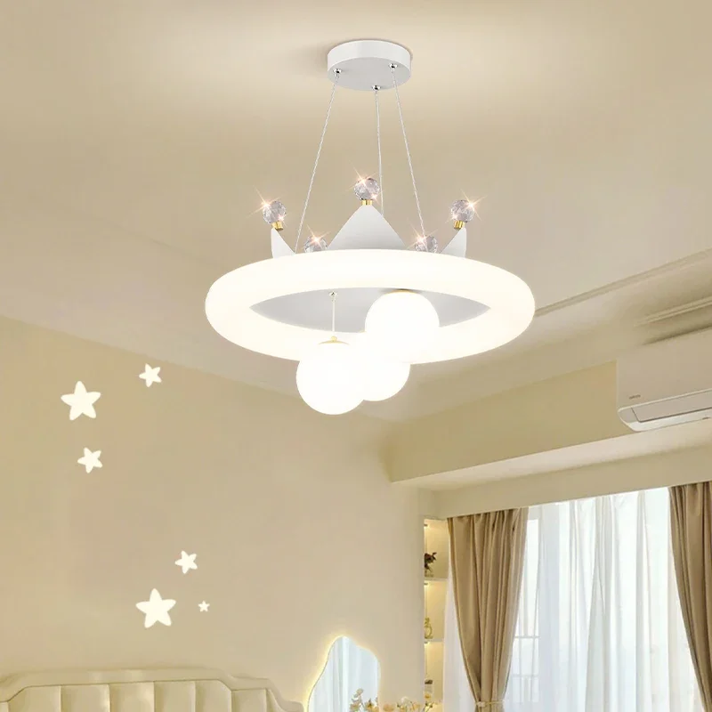 Pink Princess Crystal Crown Chandelier Warm Romantic Pendant Lamp For Girl Boy Bedroom Kids Room Decor Modern Lighting