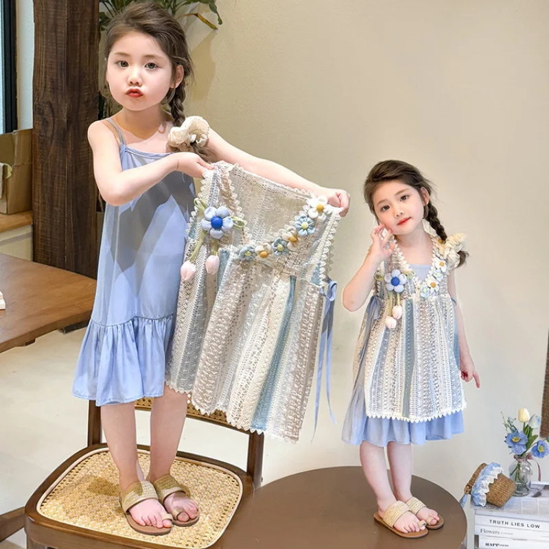 Girls Vacation Style Camisole Dress Set Summer 2026 New Kids Bohemian Sleeveless Dress Include Hat
