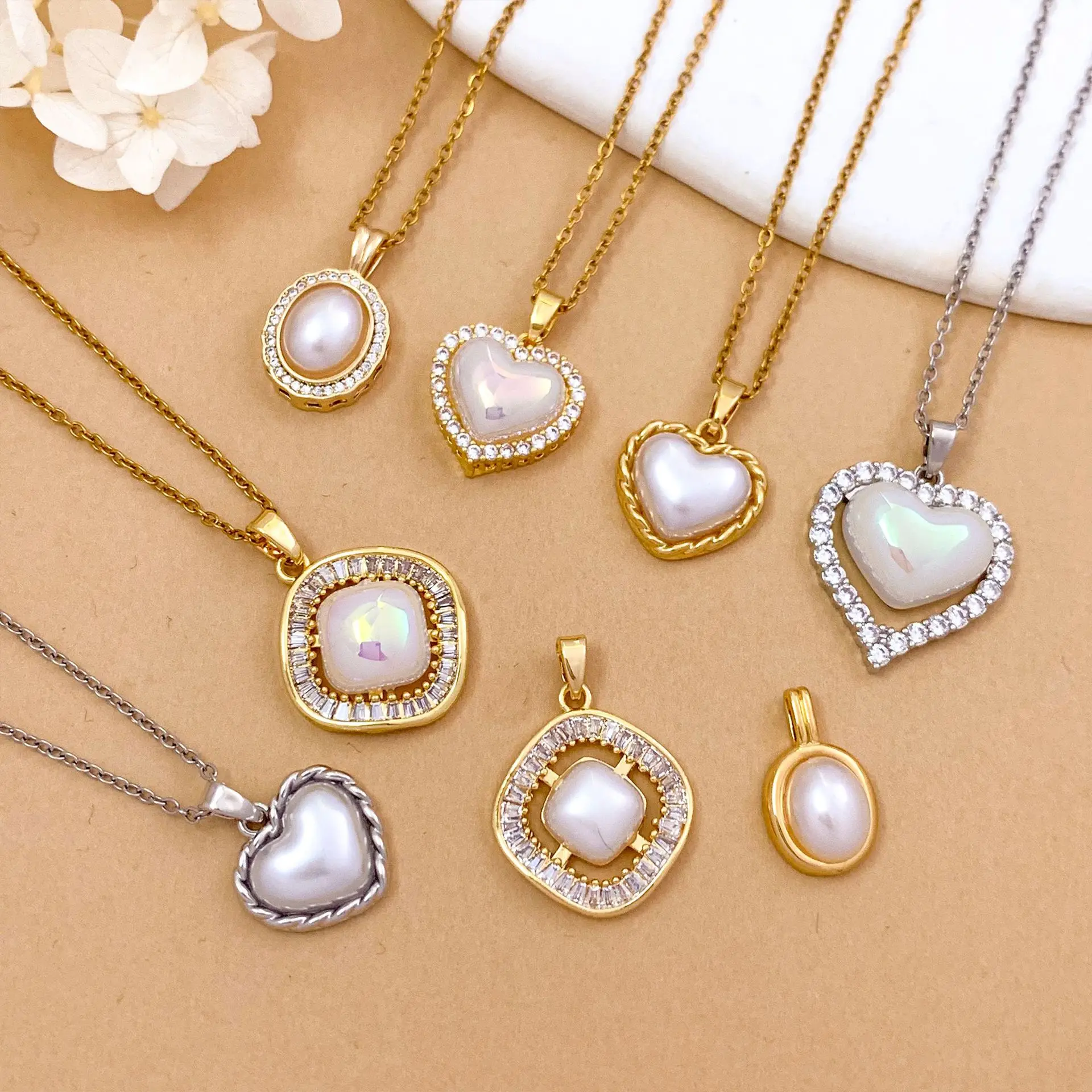 Vintage Imitation Pearl Geometric Pendant Necklace for Women Stainless Steel Chain Zircon Heart Charm Jewelry Birthday Gifts