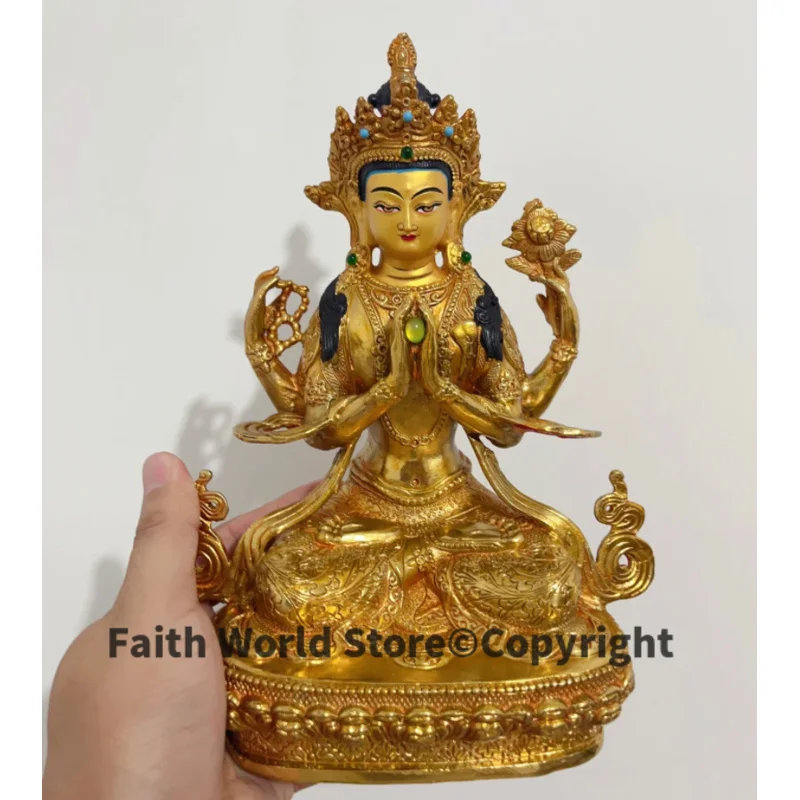 Buddhist Goddess Four Arm Guanyin gemstone copper Buddha statue HOME expel demons exorcise evil spirits Bless safety healthy