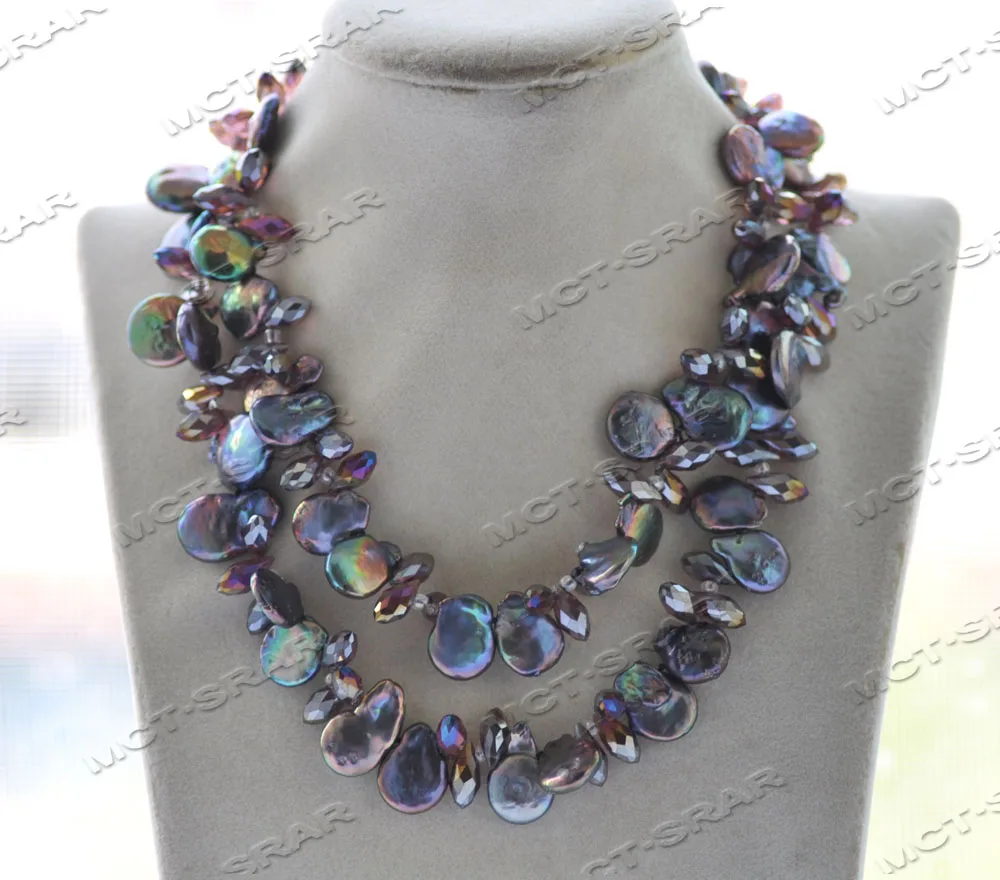 MTC·STAR 32'' 15mm Peacock-Black Coin Pearl Purple Drop Faceted Crystal Necklace (Z12016 )