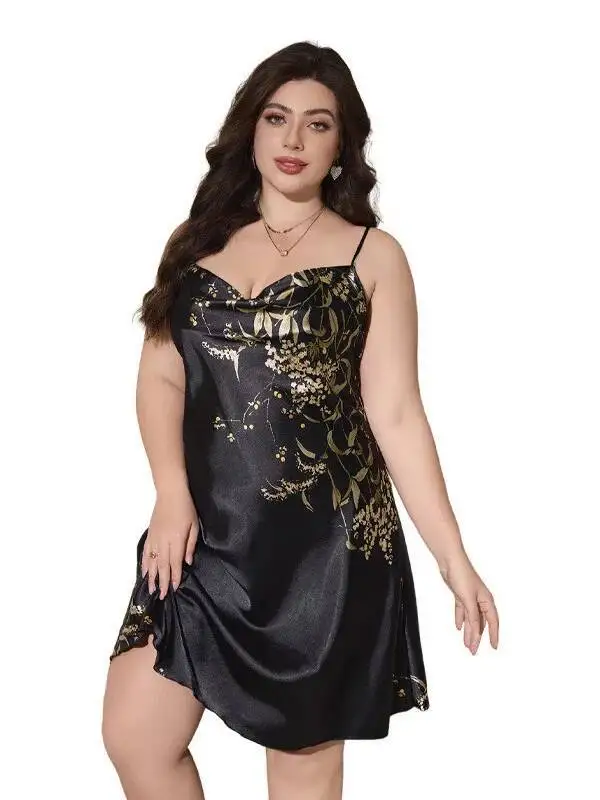 Nuevo vestido de dormir de seda sintética de talla grande para primavera y verano, camisón estampado Sexy para mujer, ropa de casa sencilla, vestido de dormir de seda helada ZV8T