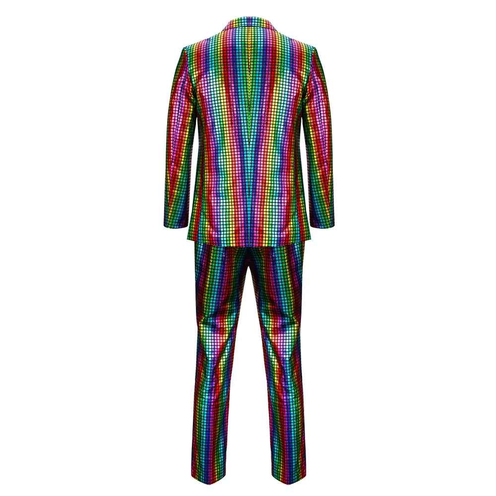 Men's 2 Piece 70s Rainbow Disco Outfits For Men Shiny Sequin Suits Halloween Carnival Party Outfits Fancy Dress