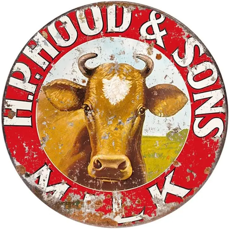 Vintage Style Round Tin Sign Hood Milk H.P and Sons Milk Cows Dairy Cow Kitchen Decor Milk Sign Barnyard Emblem Seal Vintage Gas