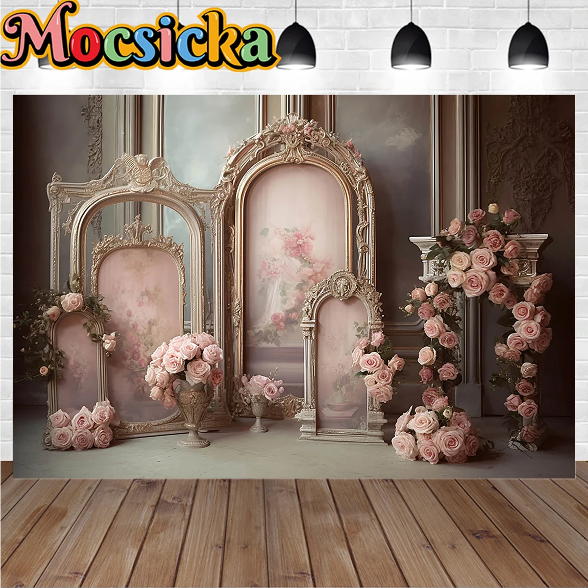 Dreamy Pink Girl Boudoir Backdrop Photography Golden Frame Retro Wall Background Flowers Decor Palace Kids Cake Smash Studio