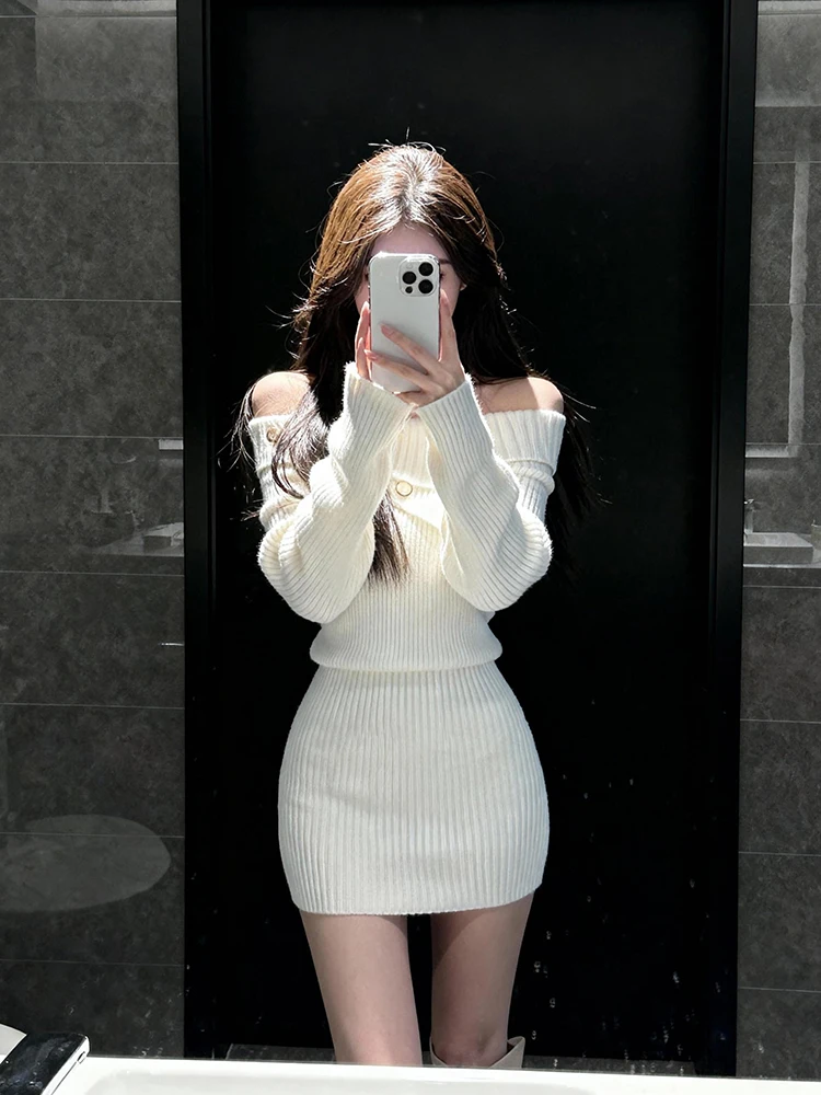 Pure Desire One-Shoulder-Umlegekragen gestrickt lang Sve Dr Damen Faionable Spicy Waist-cinching Slim-Fit Ort S...