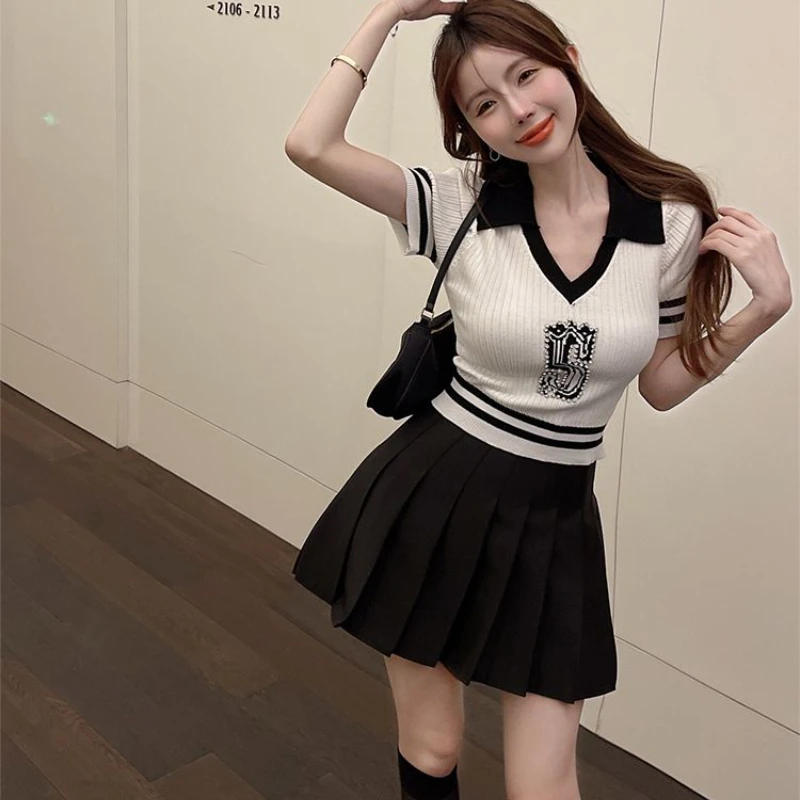 Sweet Two-piece Skirt Sets Aesthetics Y2k Clothes Polo Shirt Knit Short Sleeve T-shirt Mini Pleated Skirt Women Crop Tops Suits