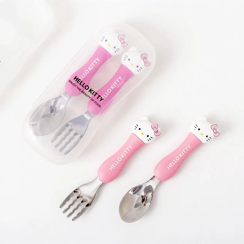 Sanrio Hello Kitty Cartoon Anime Character Cute Portable Children\'s Tableware Spoon Fork Three-piece Set Girl Holiday Gift