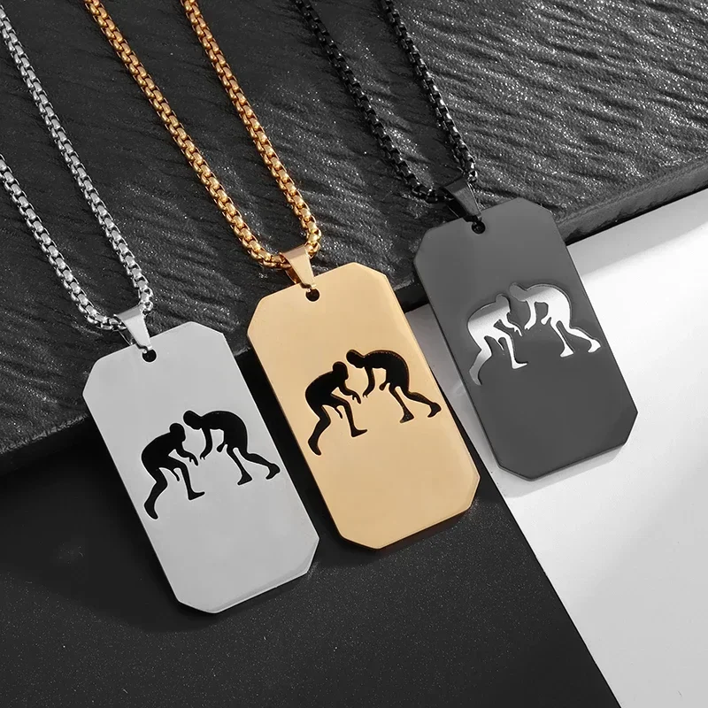 High Quality Titanium Steel Hollow Wrestling Man Pendant Necklace Men's Punk Hip Hop Trendy Cool Casual Jewelry