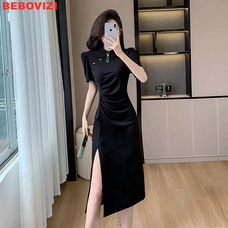 

Chinese Style High-end Cheongsam Good Quality Slim Black Long Hip Wrapped Dress Modern Improved Qipao