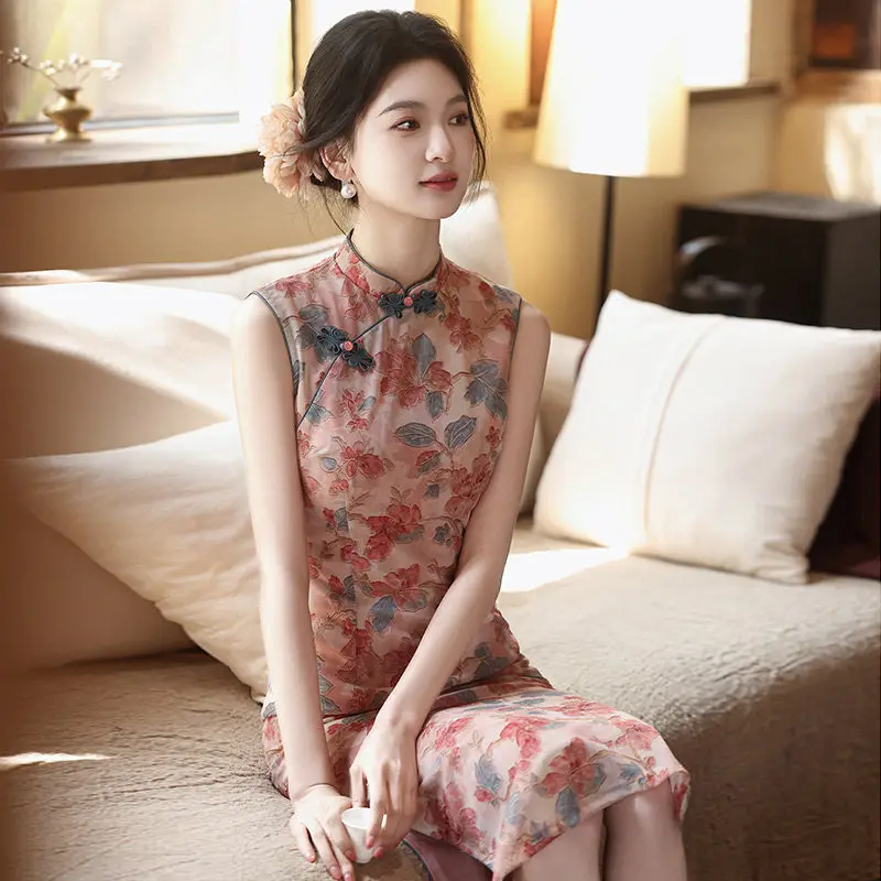 

Pink Sleeveless Printed New Chinese Style Long Cheongsam Improved Female Qipao Spring/Summer Evening Dress