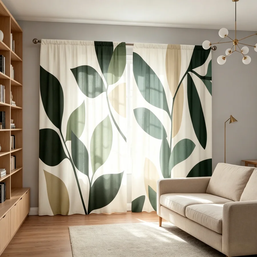 2PCS Digital Print  Curtain, Dark Green Simple Leaves, Botanical Print Window Drape for Living Room Bedroom Home Decor