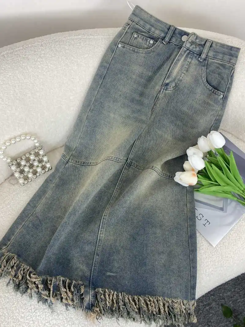 Saia feminina vintage de cintura alta, cor sólida, franjas, fenda, design, vestido jeans, slimfit, linha a, saias no tornozelo