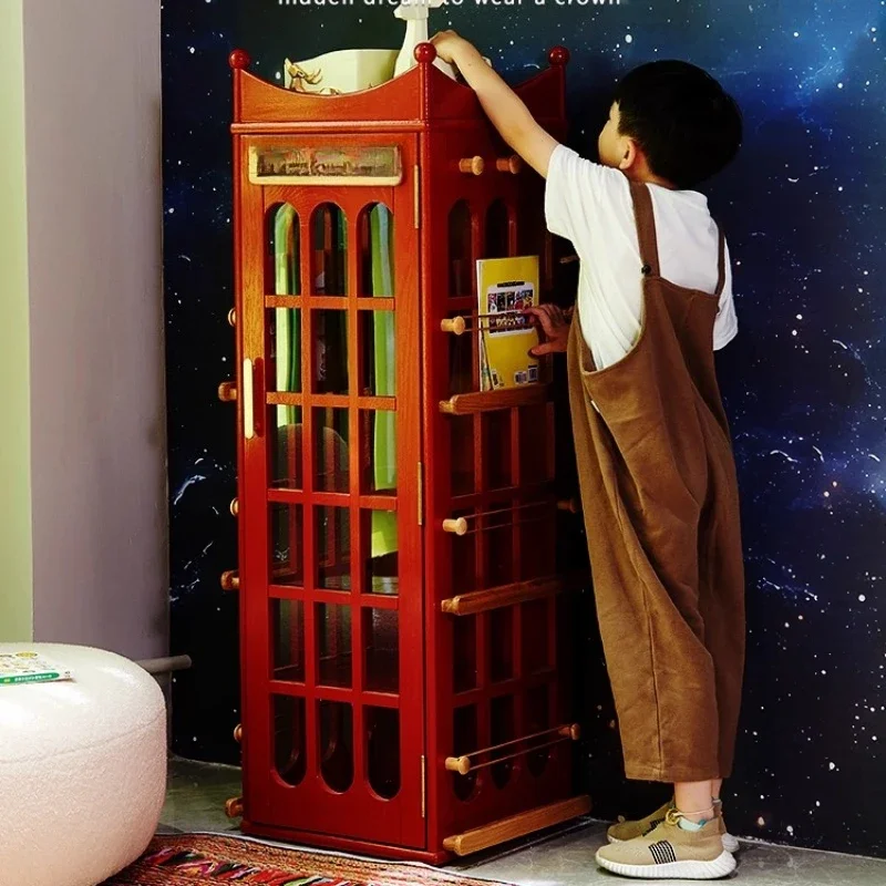 All solid wood bookcase, red bookshelf, shelf reading area, picture book shelf, floor-to-ceiling children's bookcase with door