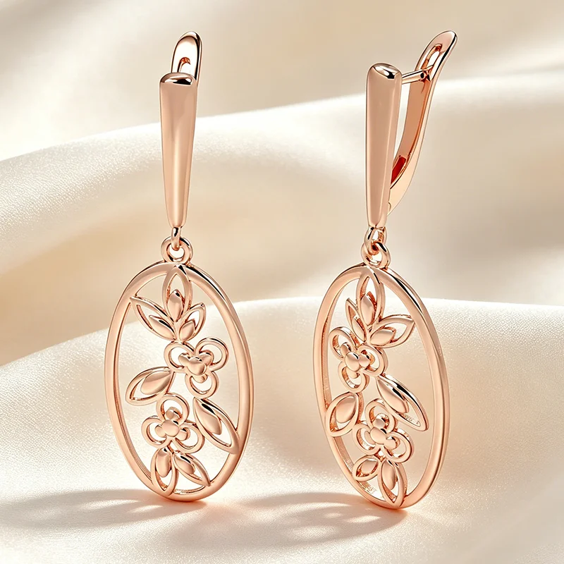 Kinel Unusual 585 Rose Gold Color Long Dangle Earrings for Women Fashion Glossy Hollow Flower Accessories Daily Fine Jewelry