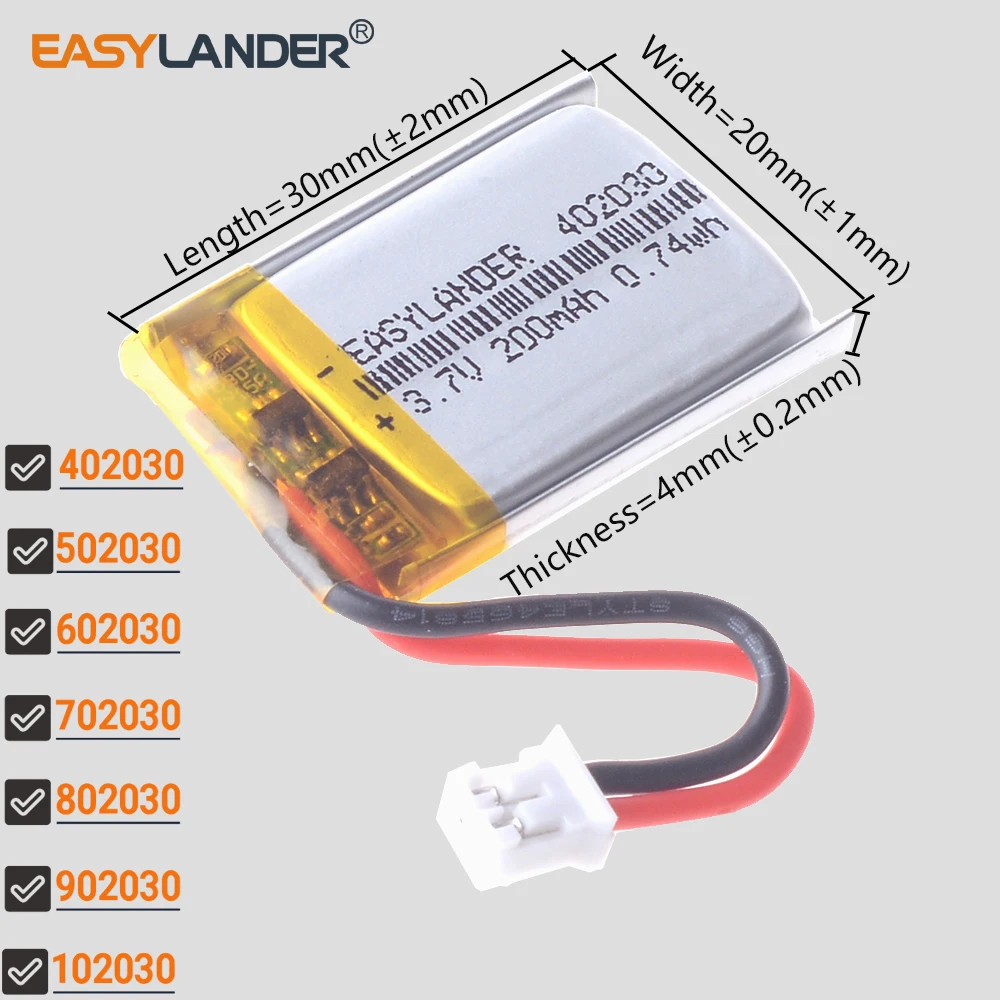 JST2.0 2P 3.7V 200mAh  402030 302030 502030 602030 702030 802030 902030 102030 Rechargeable Li-Polymer Battery Lipo Batteries