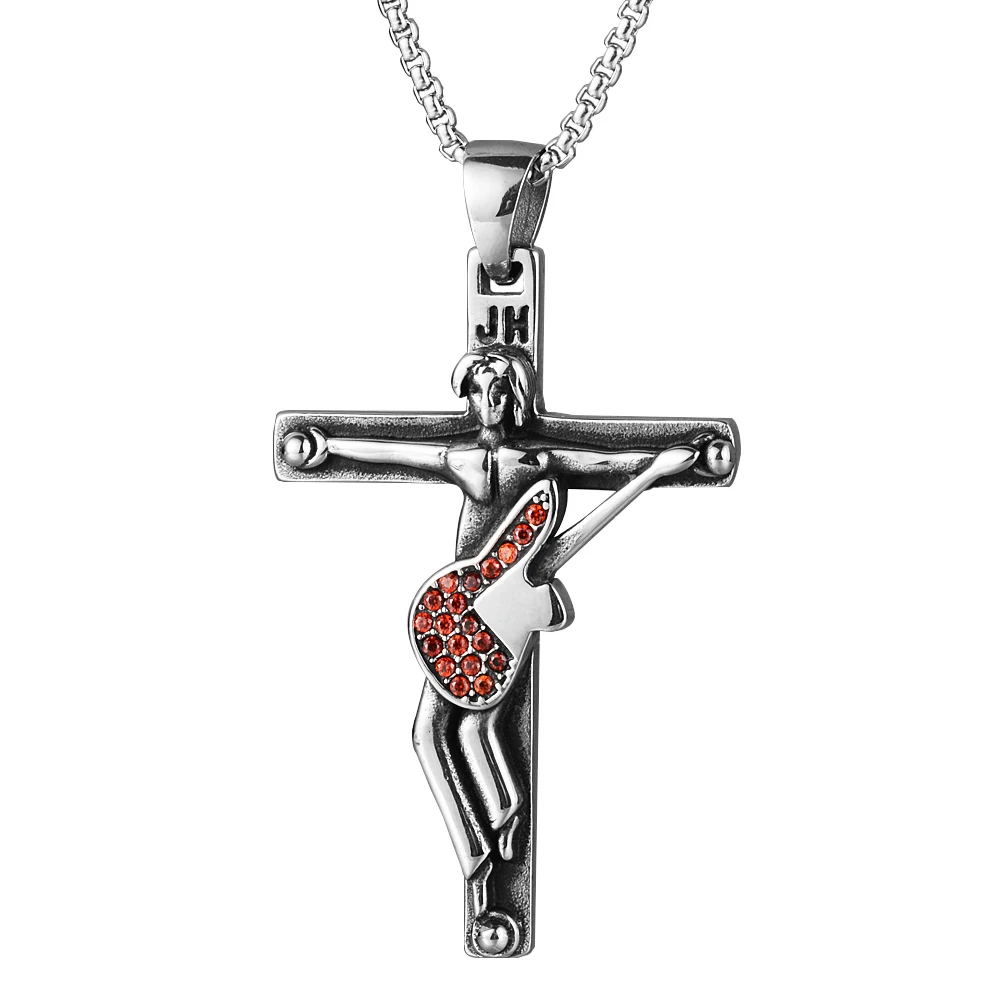 Johnny Hallyday Guitar Cross Pendant 3 Colors Punk Stainless Steel Necklace With Black Rope Chain Men Necklaces Jewelry Gift