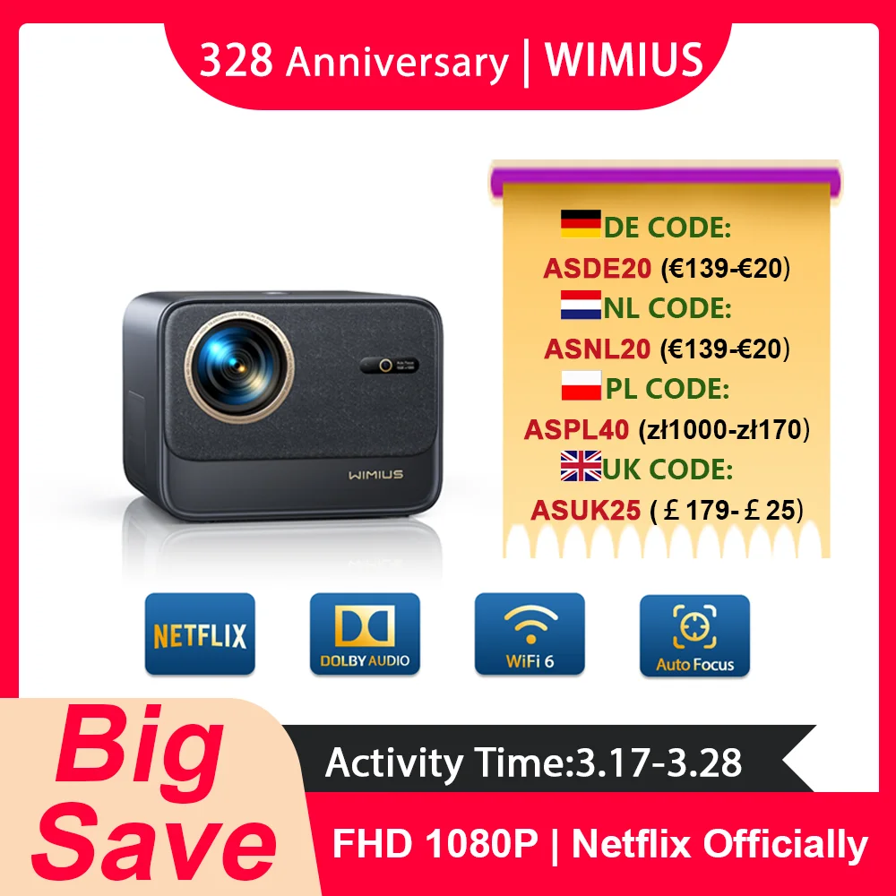 Wimius Projector 4k 30000Lumens Netflix Officially Auto Focus/Keystone FHD 1080p WIFI 6 Bluetooth Support Dolby Home Theater