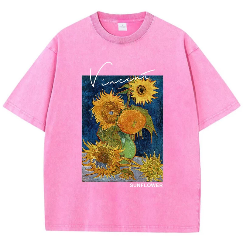 Van Gogh Sunflower Print Printing T-Shirts Man Casual 100% Cotton T-Shirt Breathable Clothing Casual Oversized Tee Shirt