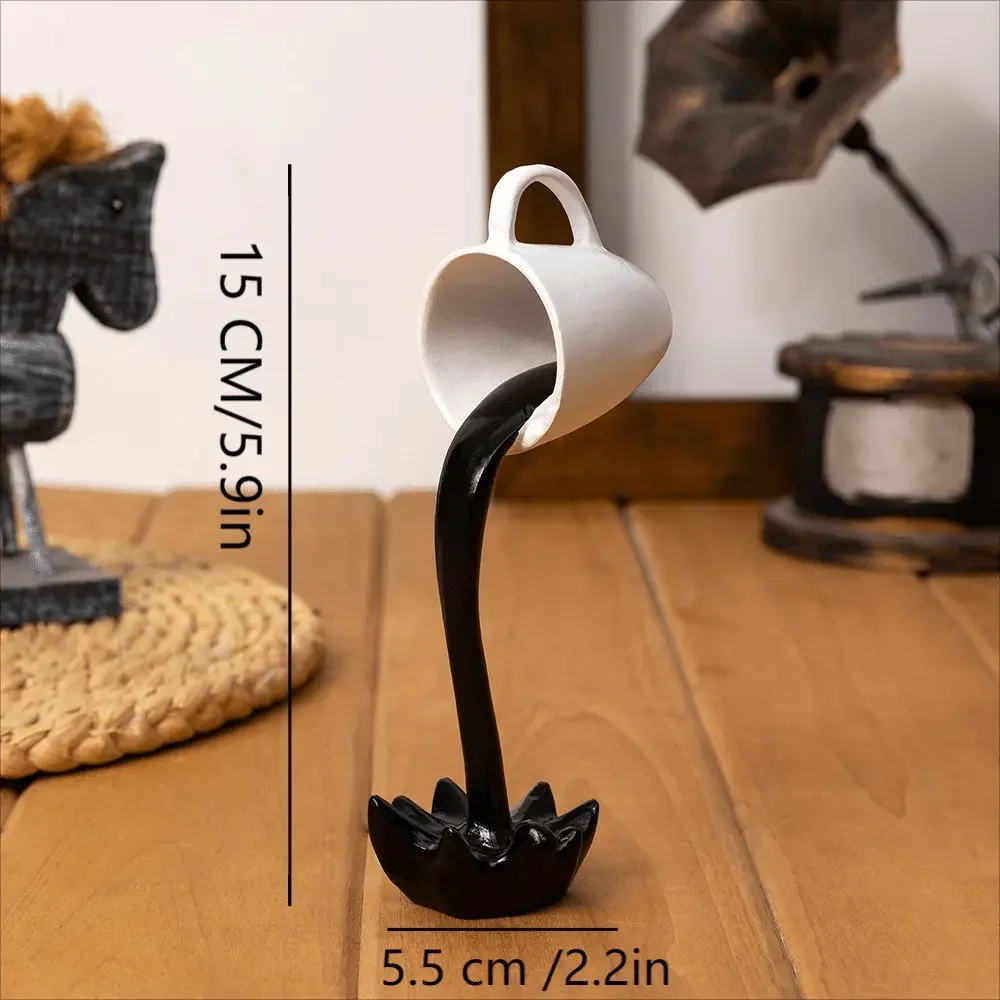 1PC Floating Spilling Coffee Cup Sculpture, Abstract Figure Sculpture, Artistic Resin Pouring Mug Art Figurine for Kitchen Counter, Home Office Desktop Decoration Ornament，home decor，desk ornament, Decorative Statues, Decorative Figurines
