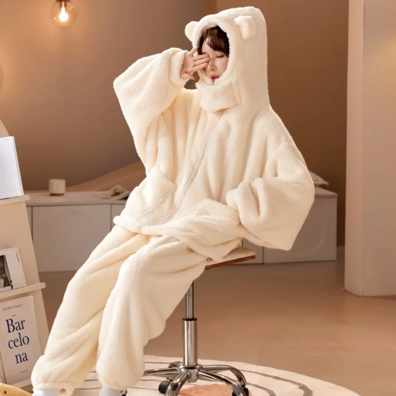 2023 New Winter Thick Warm Flannel Pajamas Set Women Casual Hooded Beige Black Casual Loungewear Female Velvet Homewear Pyjama